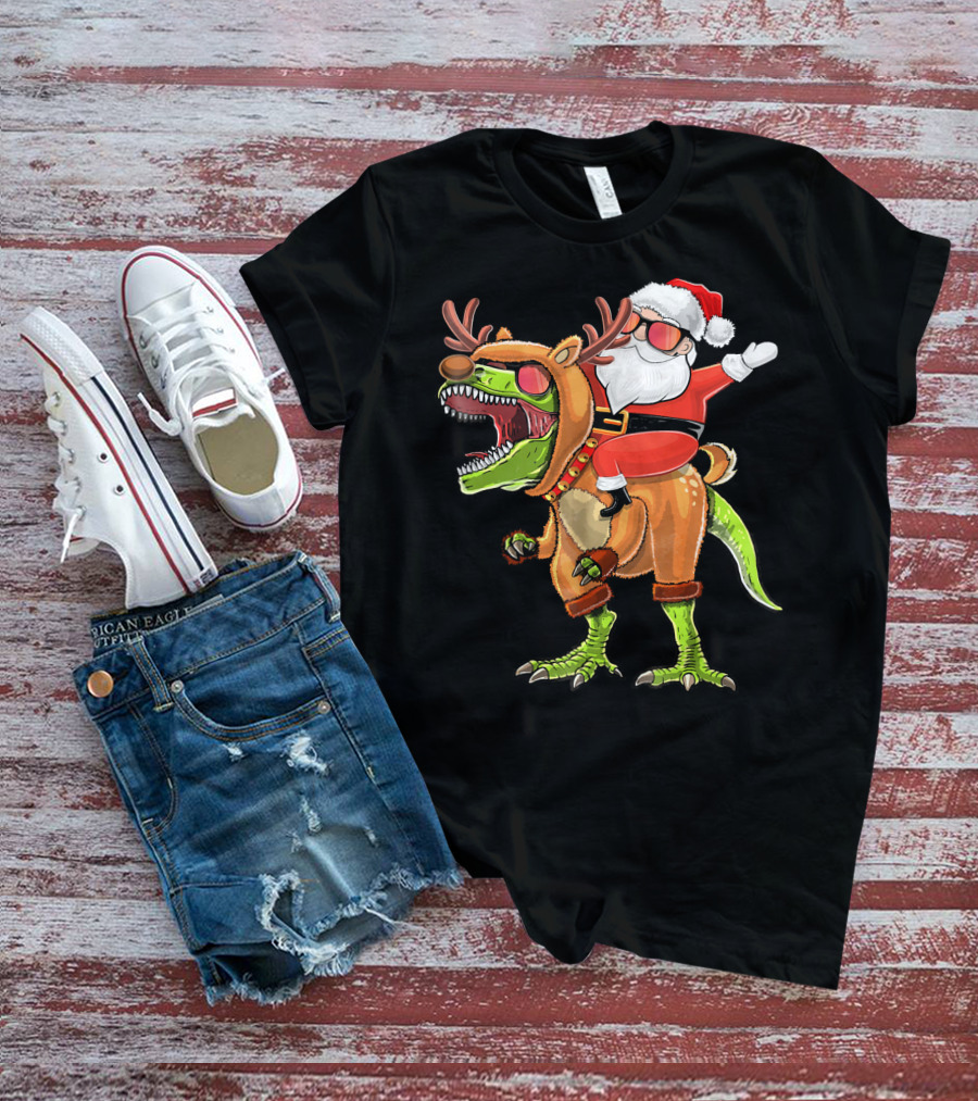 Santa Riding Reindeer Rex Dinosaur With Holiday Cheer T-Shirt