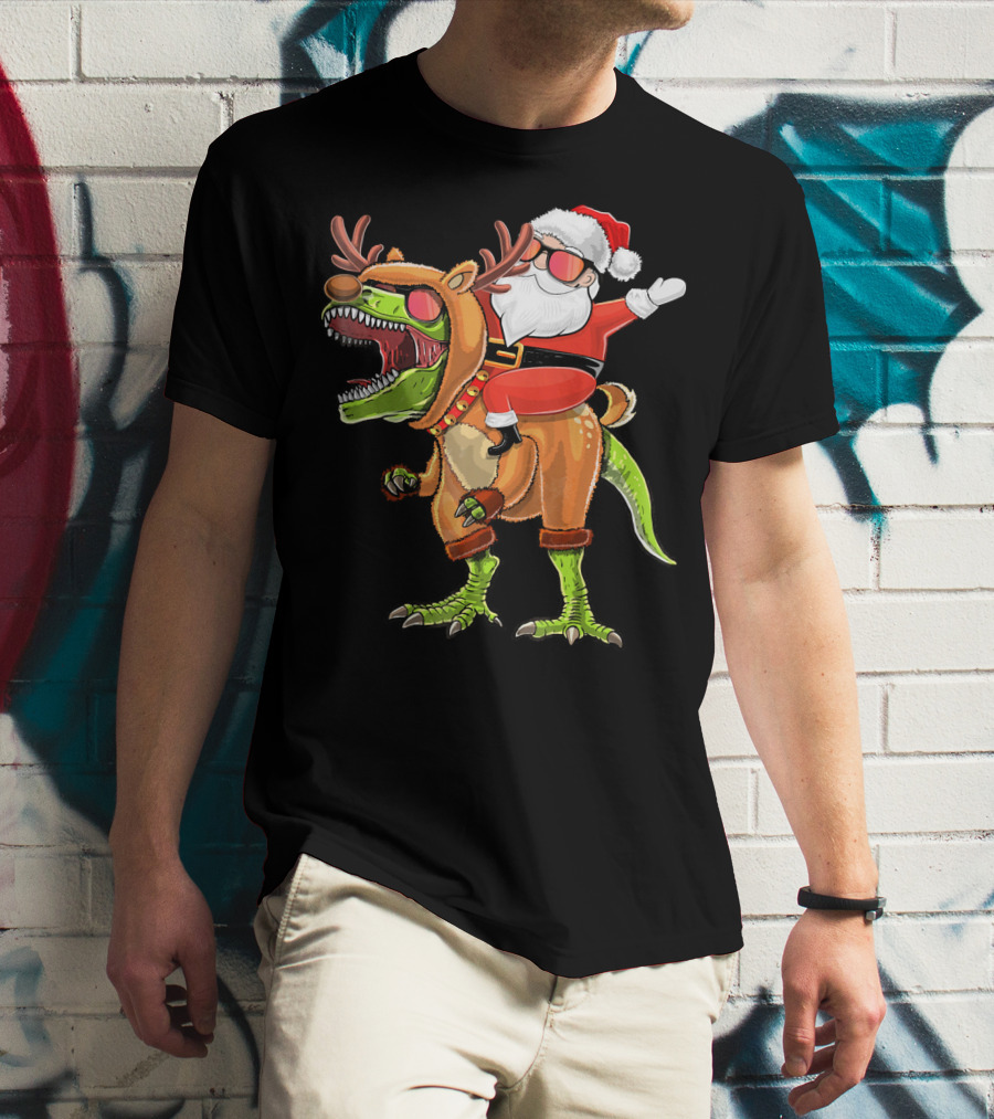 Santa Riding Reindeer Rex Dinosaur With Holiday Cheer T-Shirt