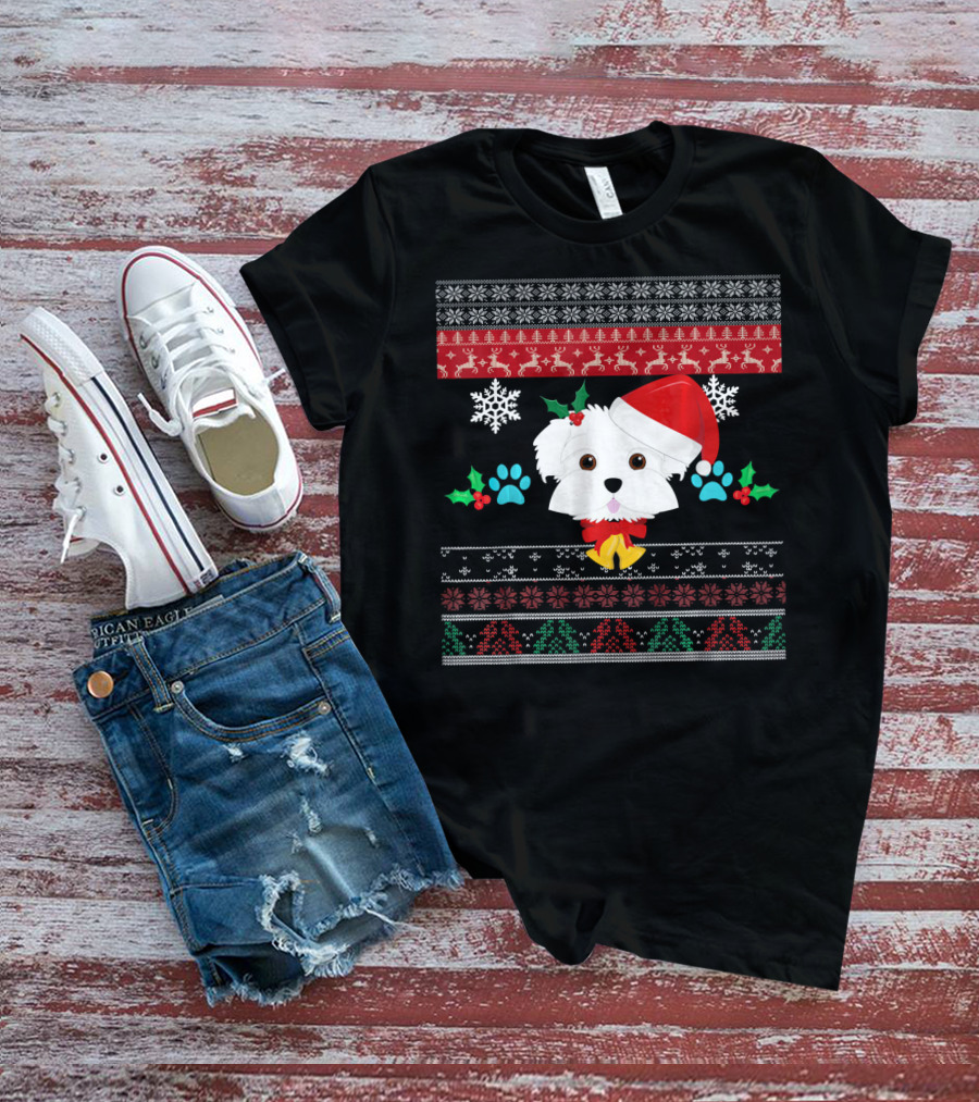 Maltese Dog Santa Hat Ugly Christmas Sweater Pattern Snowflakes Hollys Paws T-Shirt