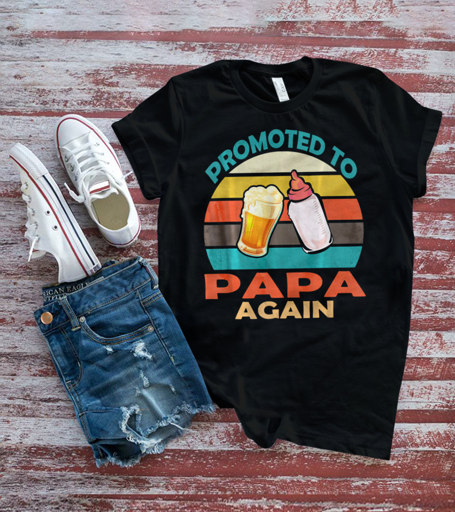 Promoted To Papa Again Vintage Beer And Baby Bottle T-Shirt