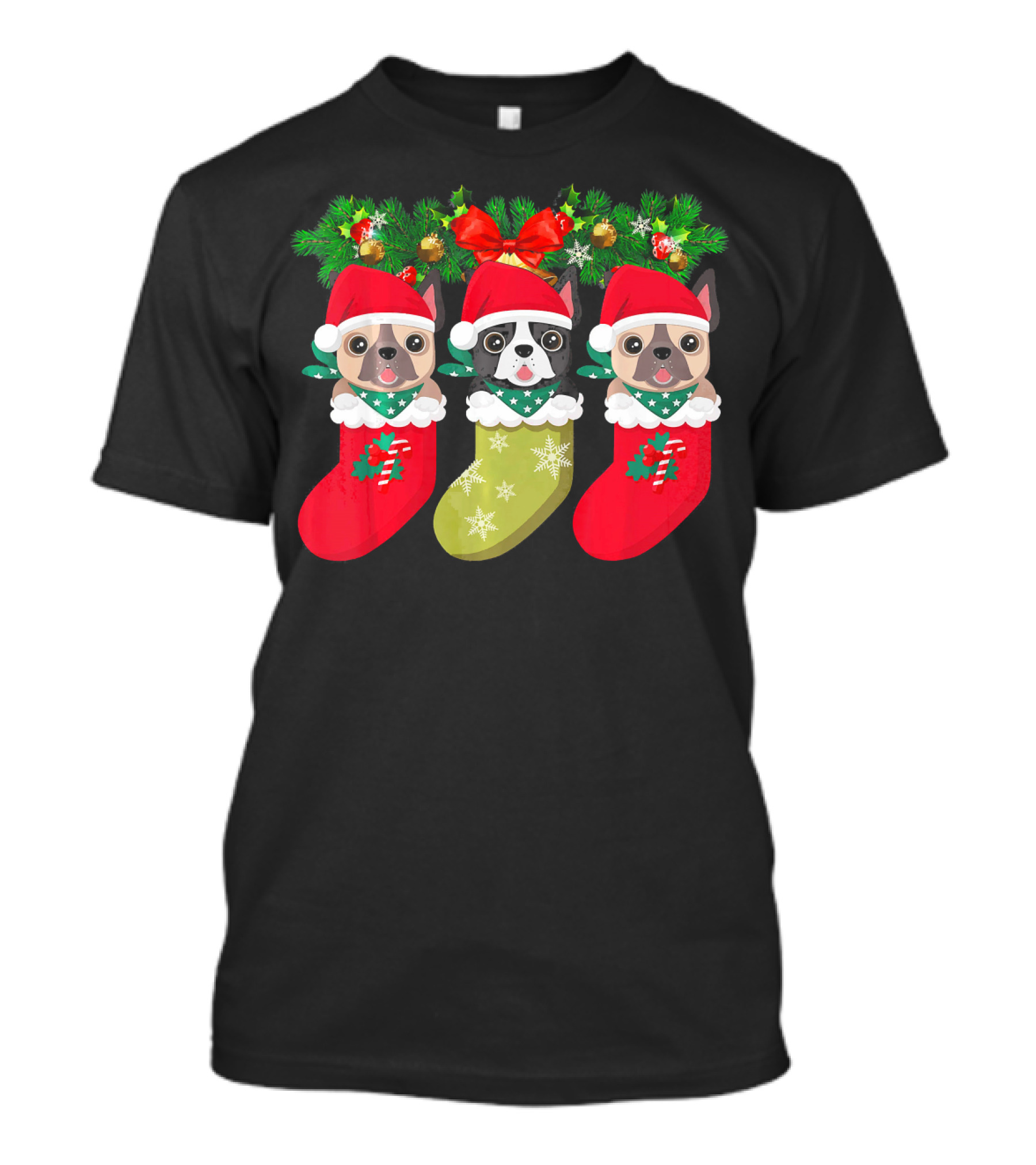 Pug Christmas Socks Festive Dog Stocking Trio With Santa Hats And Holly T-Shirt