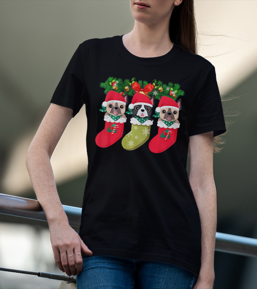 Pug Christmas Socks Festive Dog Stocking Trio With Santa Hats And Holly T-Shirt