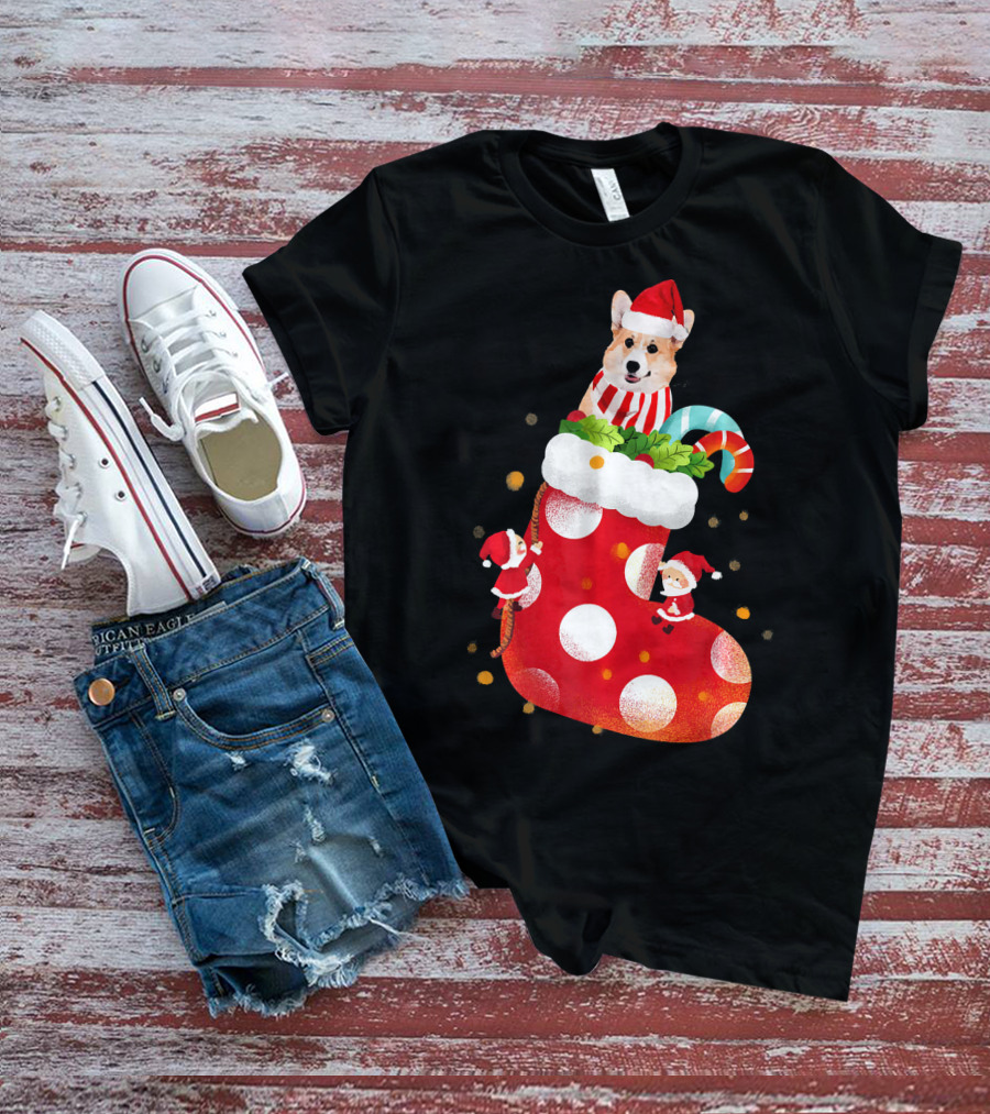 Christmas Corgi Dog In Santa Hat And Striped Scarf In Festive Stocking With Candy Cane T-Shirt