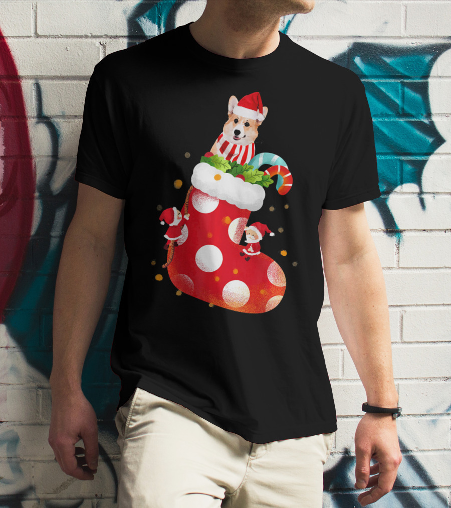 Christmas Corgi Dog In Santa Hat And Striped Scarf In Festive Stocking With Candy Cane T-Shirt