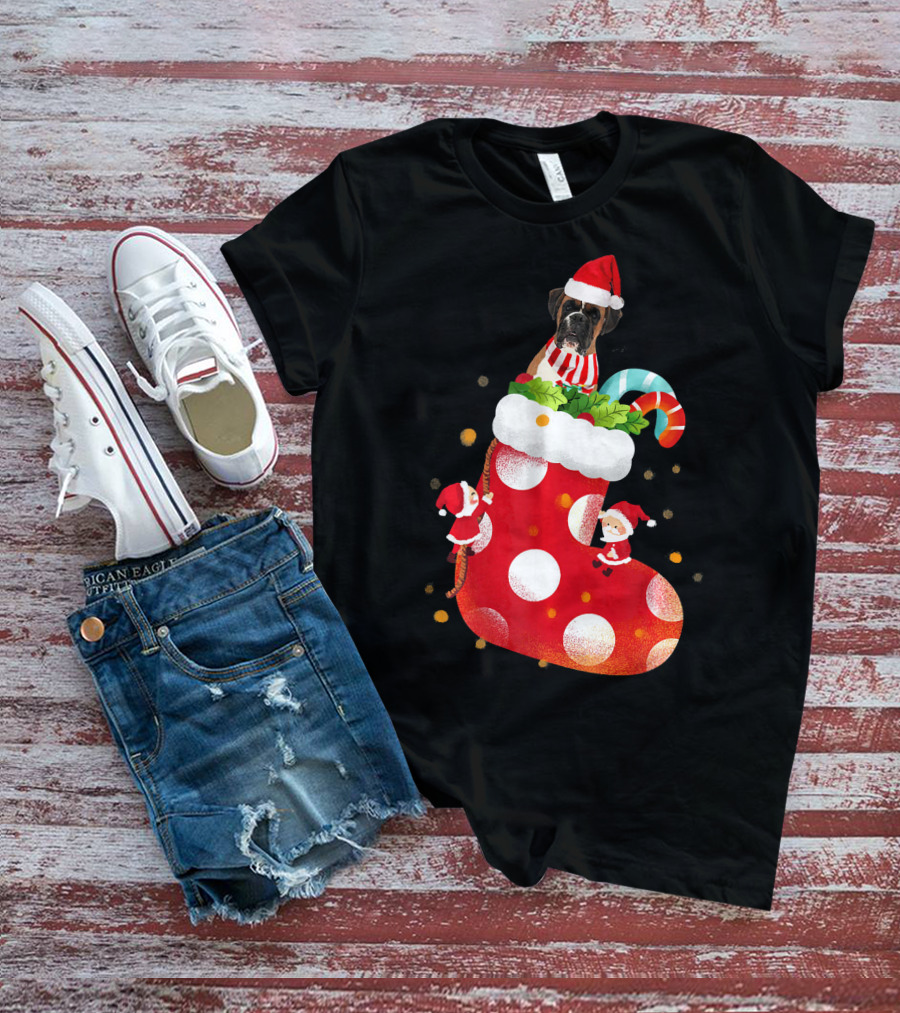 Christmas Boxer Dog Inside Santa Hat Sock With Candy Cane T-Shirt