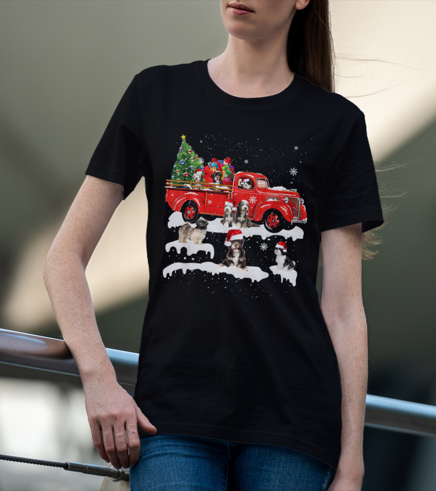 Tibetan Terrier Santa Hats Riding Red Truck With Christmas Tree And Gifts Snowflakes T-Shirt