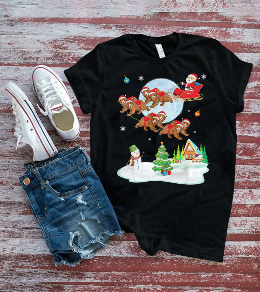 Santa Claus Sleigh With Bears And Snowman By Moonlit Cabin Noel T-Shirt