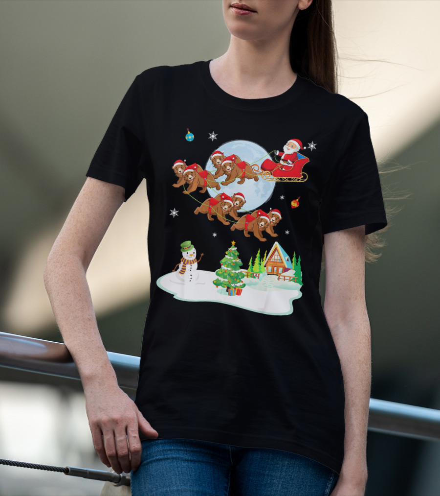 Santa Claus Sleigh With Bears And Snowman By Moonlit Cabin Noel T-Shirt
