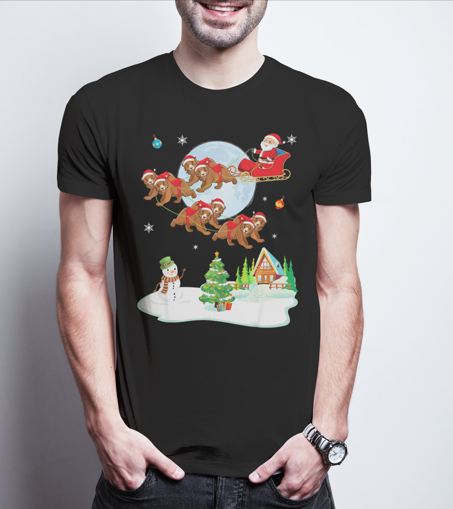 Santa Claus Sleigh With Bears And Snowman By Moonlit Cabin Noel T-Shirt