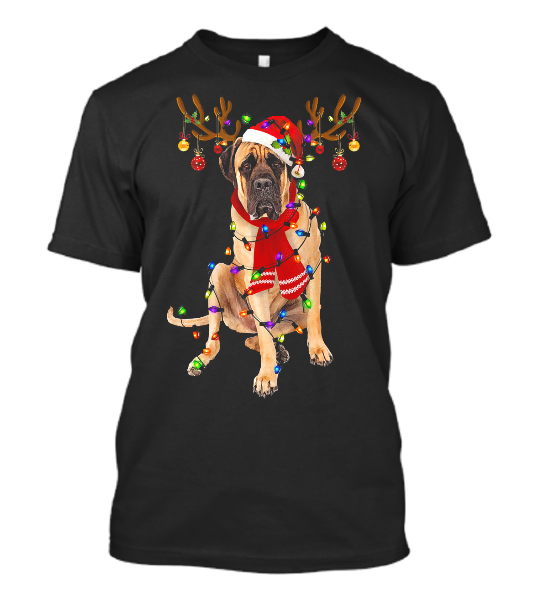 English Mastiff Christmas Lights Reindeer Antlers Santa Hat Scarf T-Shirt
