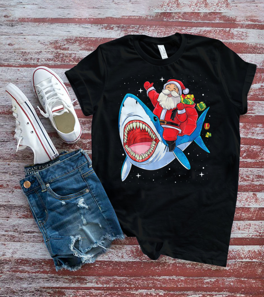 Christmas Kids Santa Riding Shark With Gifts T-Shirt