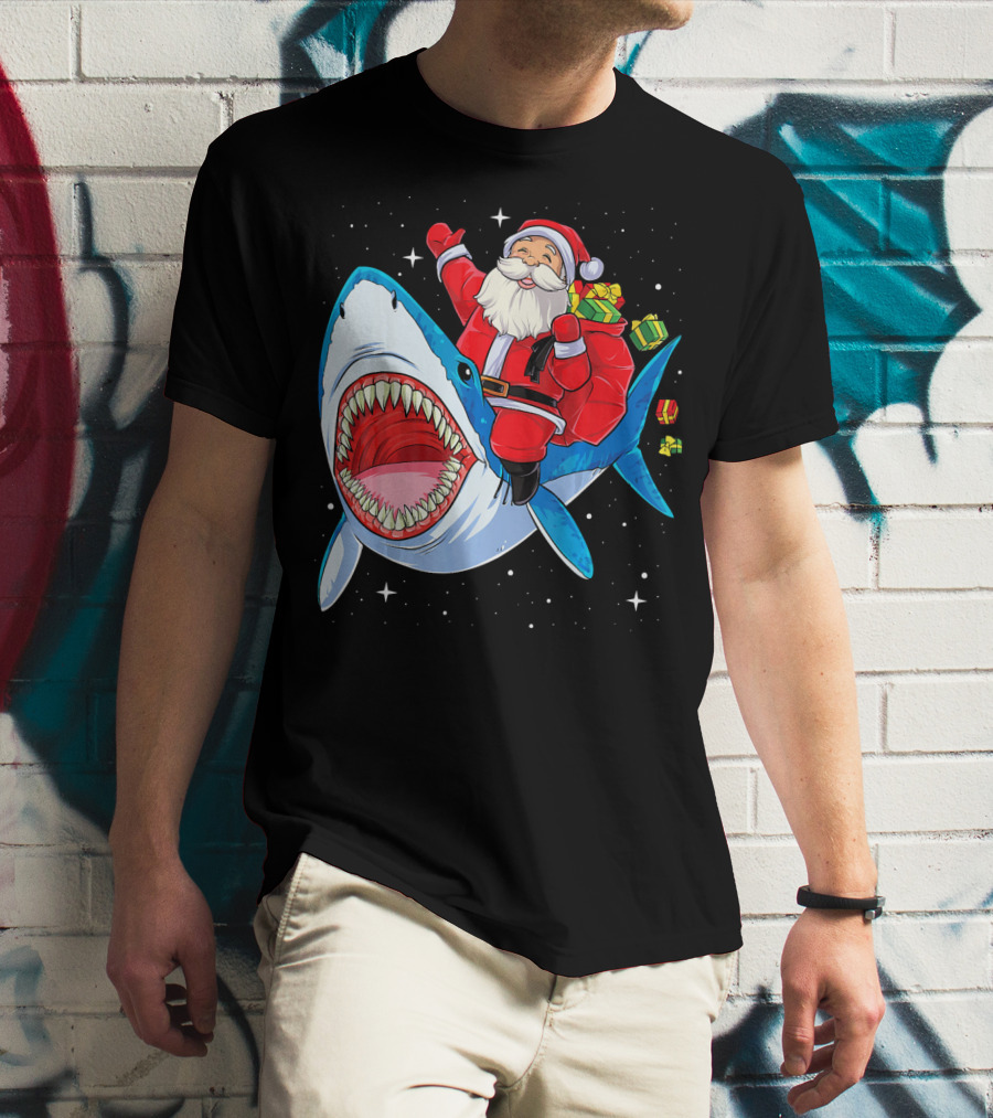 Christmas Kids Santa Riding Shark With Gifts T-Shirt