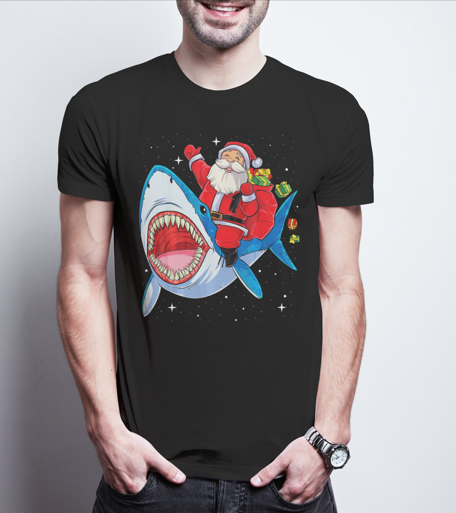 Christmas Kids Santa Riding Shark With Gifts T-Shirt