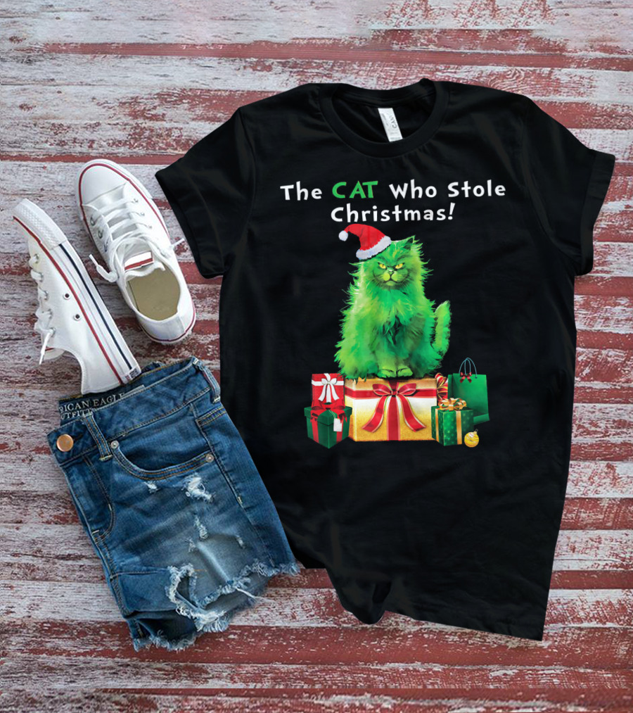 The CAT Who Stole Christmas Holiday Purr With Santa Hat And Gifts T-Shirt