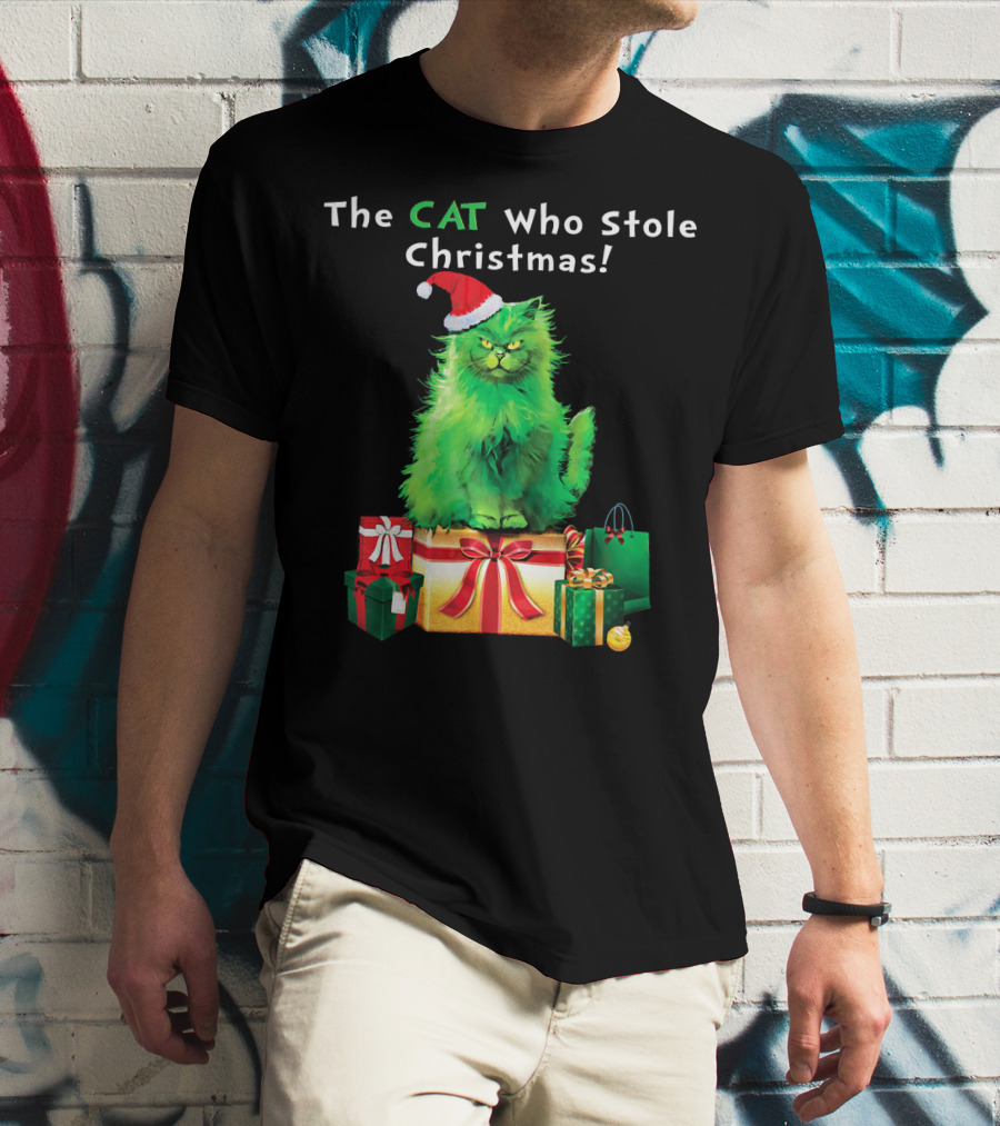 The CAT Who Stole Christmas Holiday Purr With Santa Hat And Gifts T-Shirt