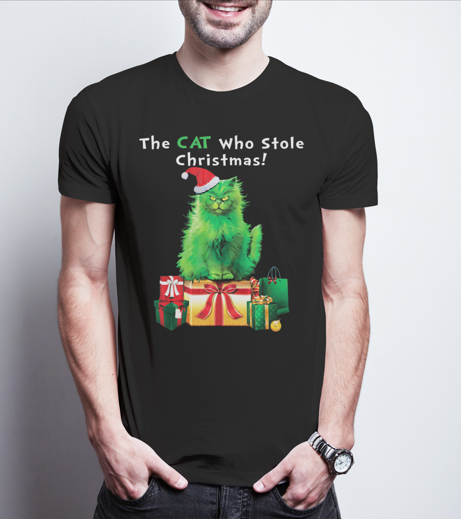 The CAT Who Stole Christmas Holiday Purr With Santa Hat And Gifts T-Shirt