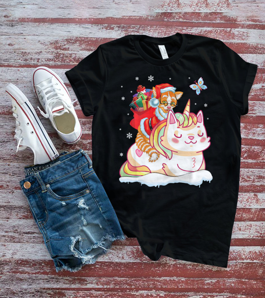 Santa Cat Riding Unicorn With Christmas Presents And Butterfly T-Shirt