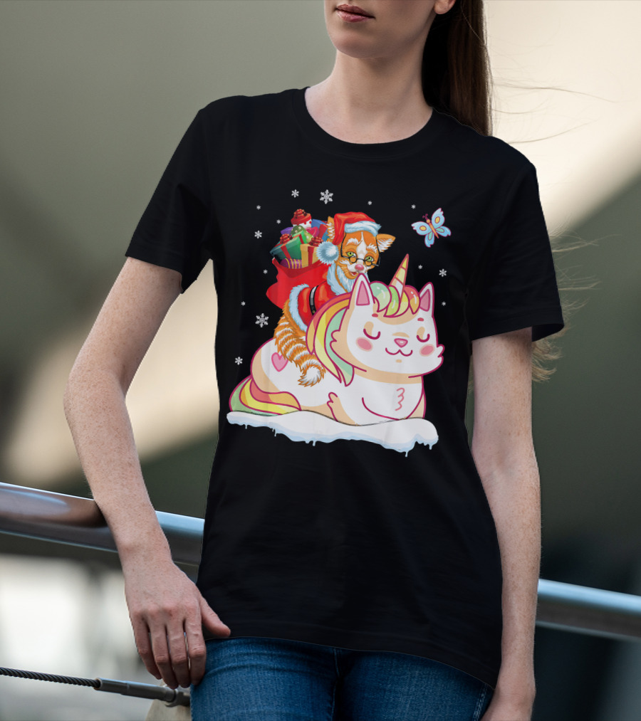 Santa Cat Riding Unicorn With Christmas Presents And Butterfly T-Shirt