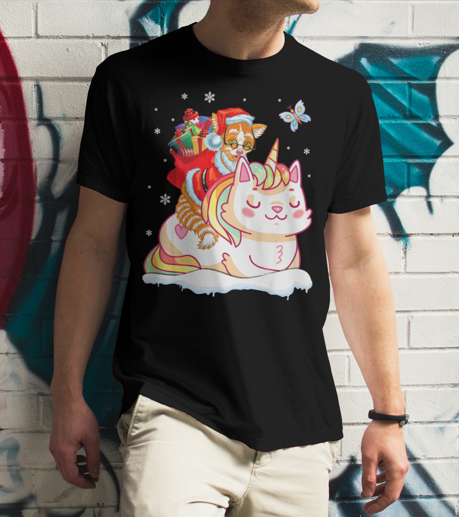 Santa Cat Riding Unicorn With Christmas Presents And Butterfly T-Shirt