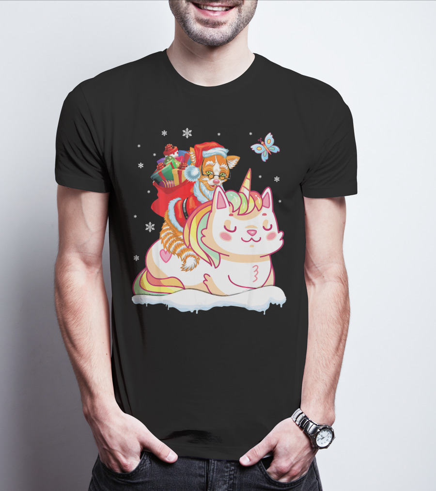 Santa Cat Riding Unicorn With Christmas Presents And Butterfly T-Shirt