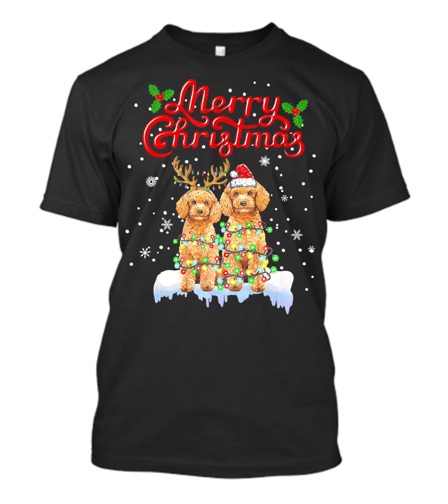 Merry Christmas Poodle Lights Funny Dog Matching T-Shirt