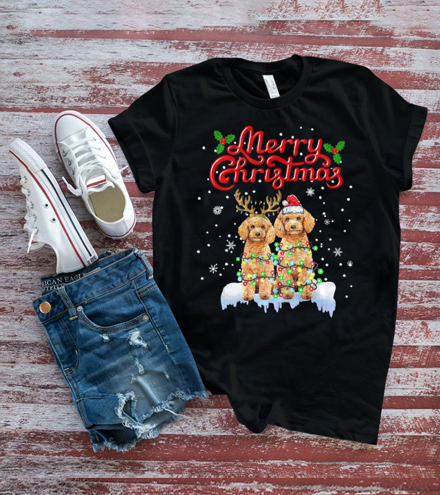 Merry Christmas Poodle Lights Funny Dog Matching T-Shirt