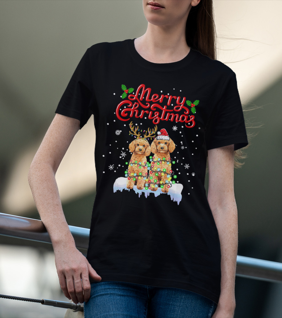Merry Christmas Poodle Lights Funny Dog Matching T-Shirt