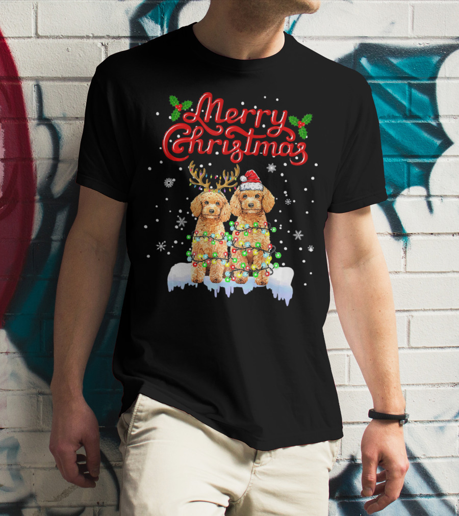 Merry Christmas Poodle Lights Funny Dog Matching T-Shirt