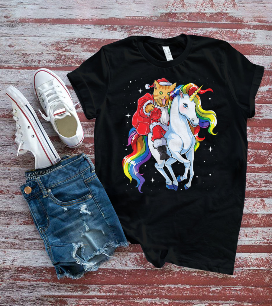 Cat Santa Riding Rainbow Unicorn Christmas Girl T-Shirt
