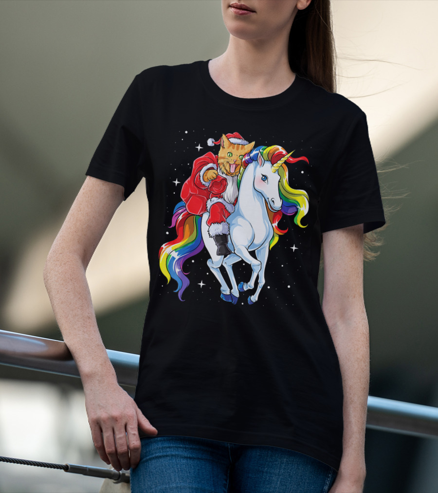 Cat Santa Riding Rainbow Unicorn Christmas Girl T-Shirt
