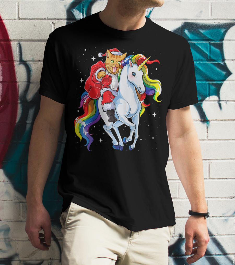 Cat Santa Riding Rainbow Unicorn Christmas Girl T-Shirt