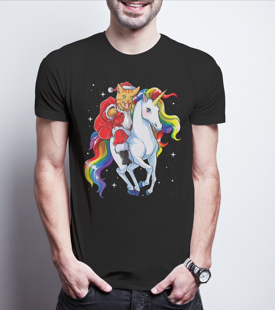 Cat Santa Riding Rainbow Unicorn Christmas Girl T-Shirt