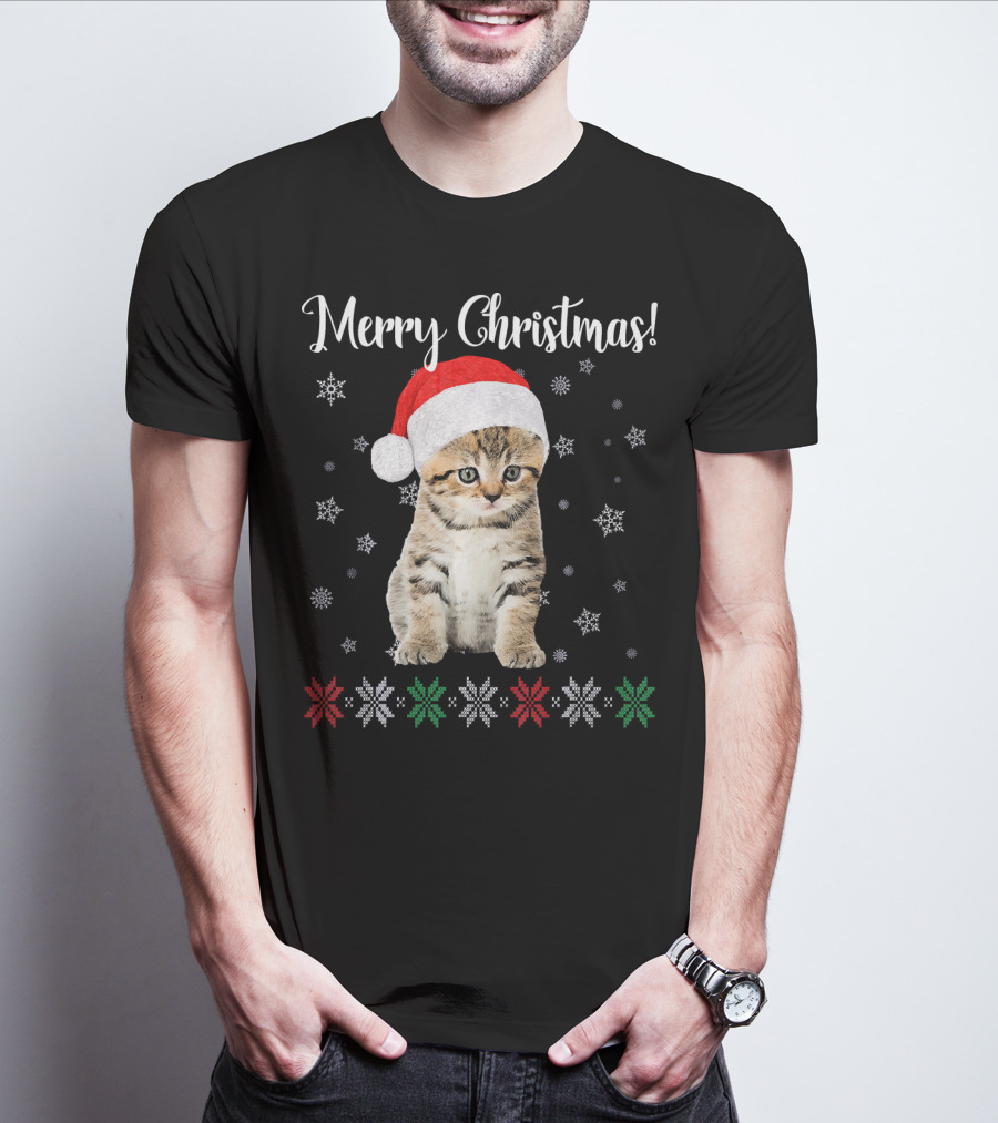 Merry Christmas Cat Wearing Santa Hat With Snowflakes And Festive Stars T-Shirt