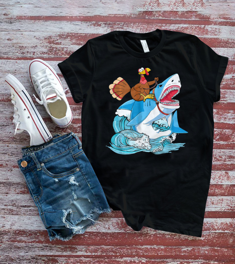 Dabbing Turkey Riding Great White Shark Waves T-Shirt