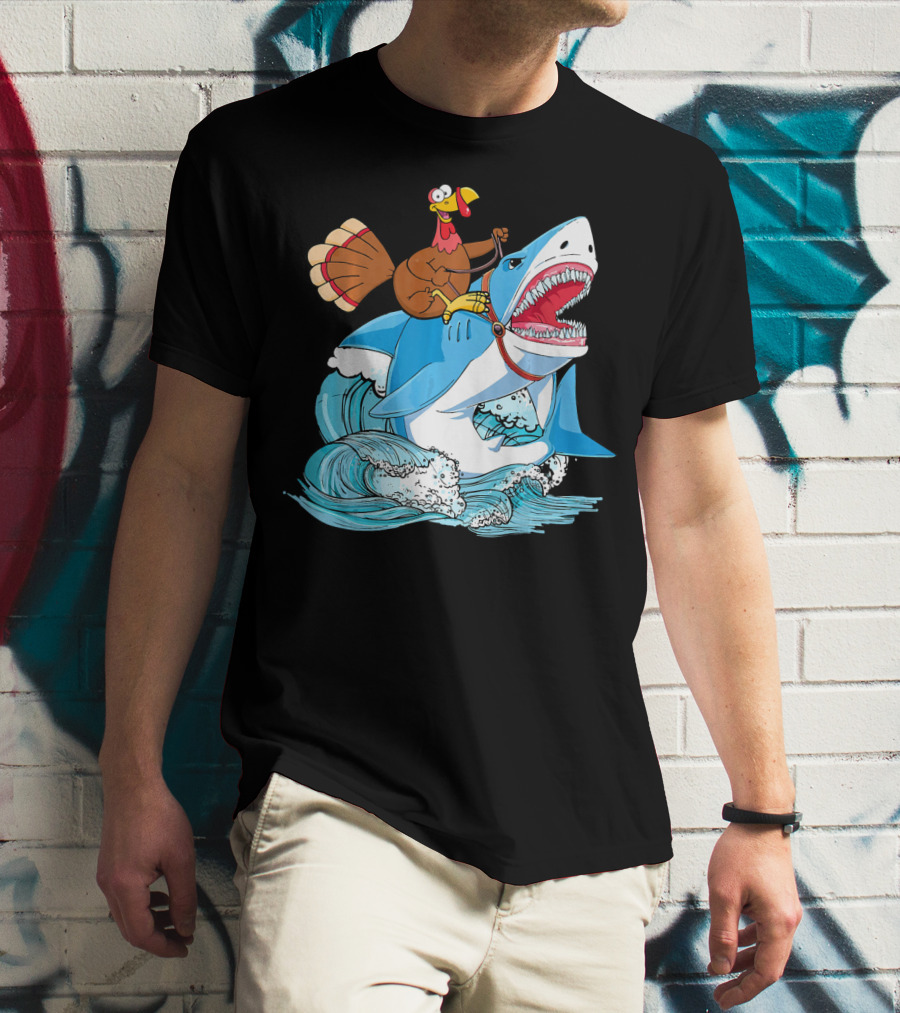 Dabbing Turkey Riding Great White Shark Waves T-Shirt