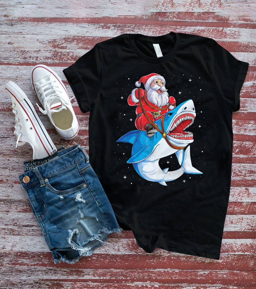 Santa Riding Shark Christmas Boys Santa Shark T-Shirt