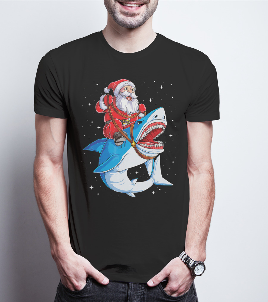 Santa Riding Shark Christmas Boys Santa Shark T-Shirt