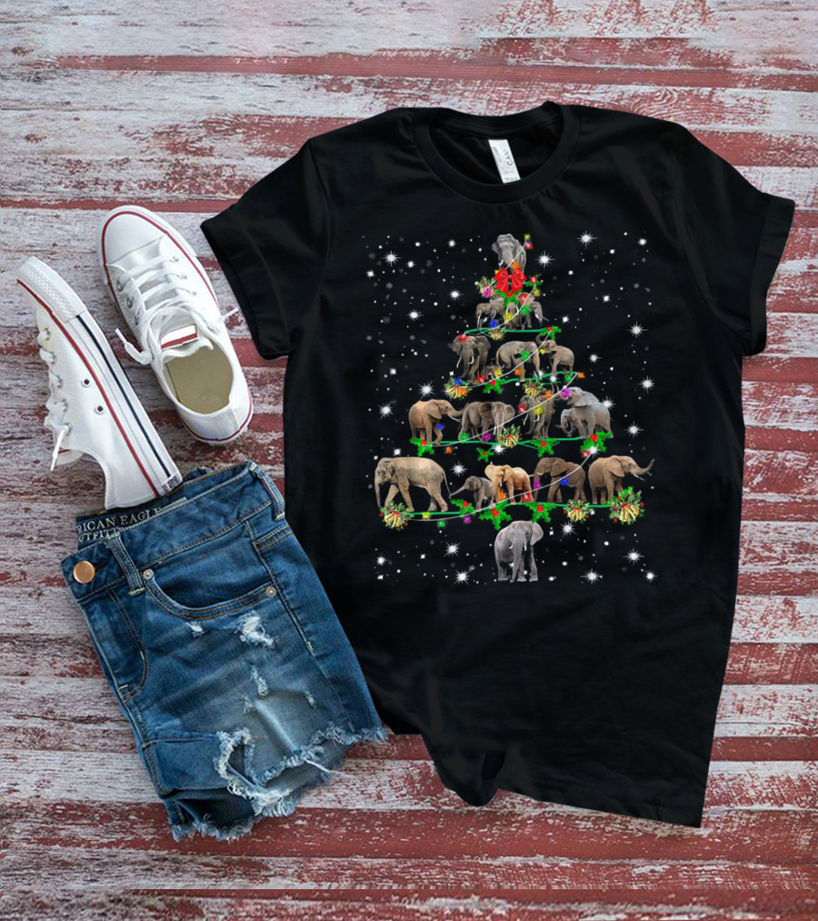 Funny Elephants Christmas Tree Ornament Holiday Decor With Festive Snowflakes And Lights T-Shirt