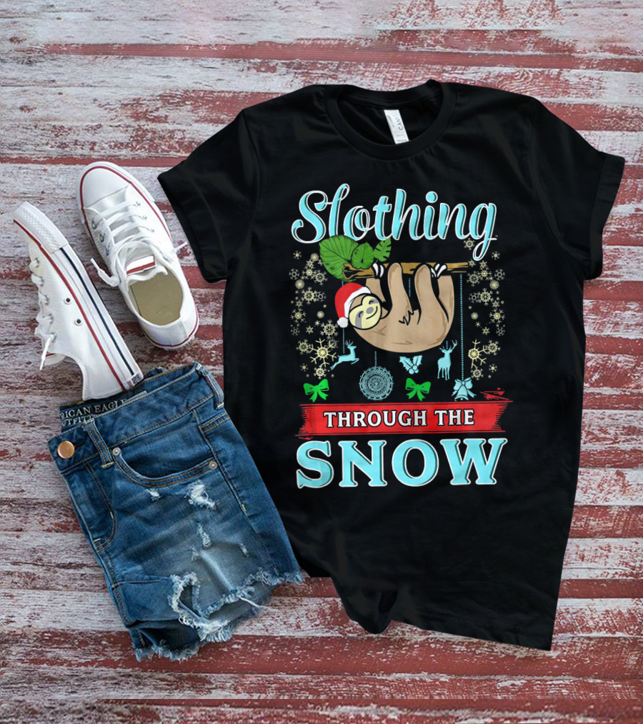 Slothing Through The Snow Cute Christmas Sloth With Santa Hat And Snowflakes T-Shirt