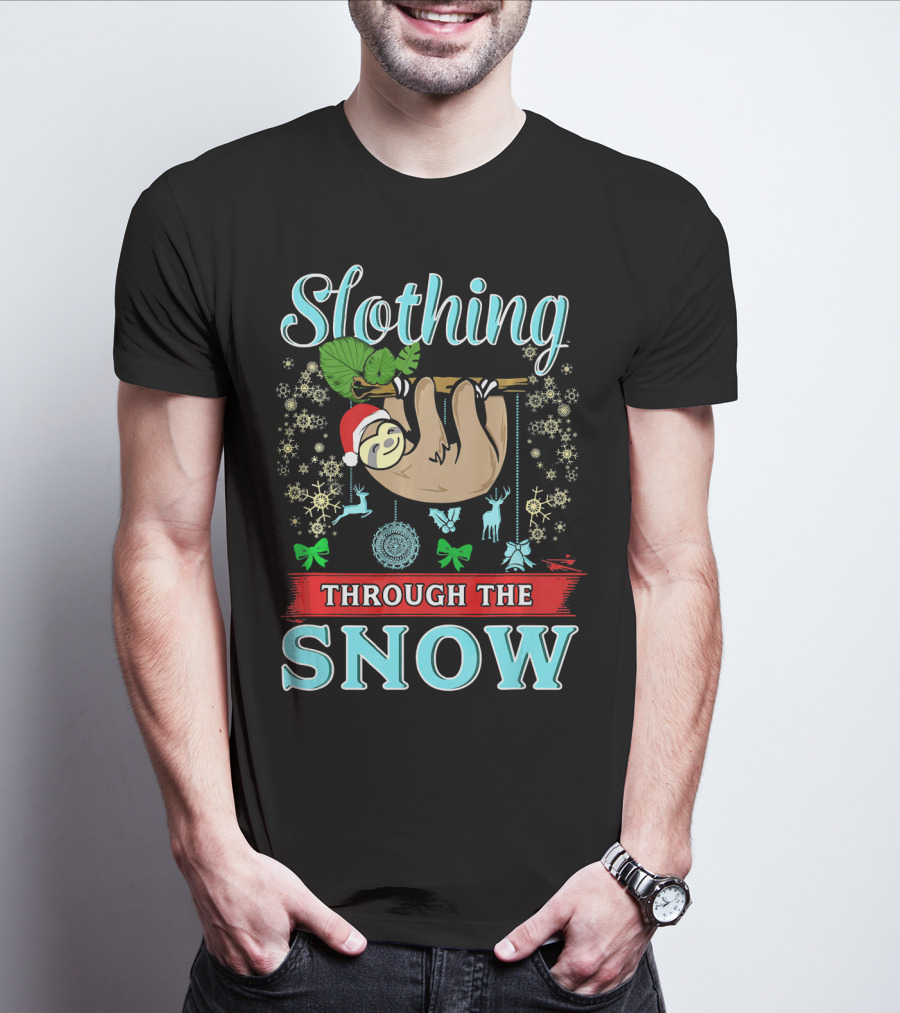 Slothing Through The Snow Cute Christmas Sloth With Santa Hat And Snowflakes T-Shirt