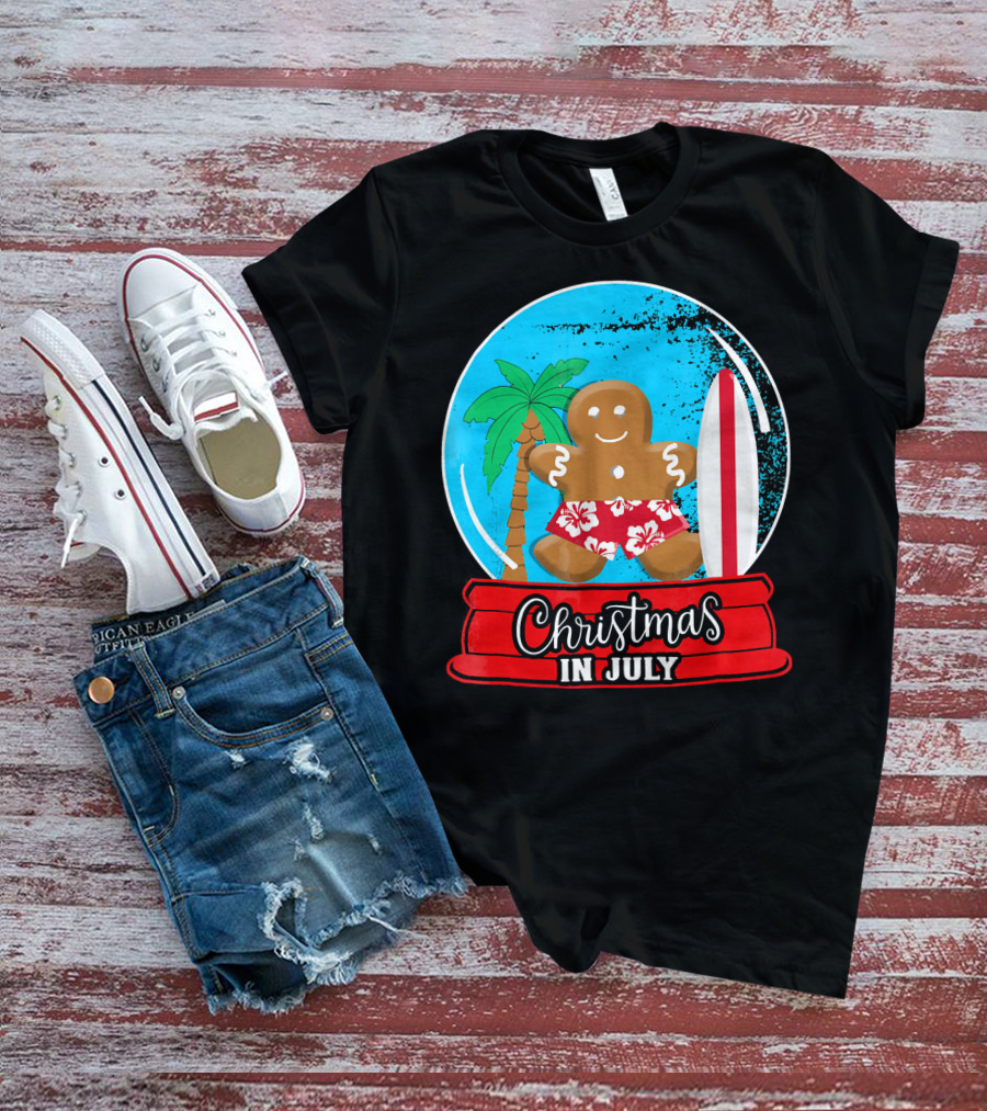 Christmas In July Surfing Gingerbread Snow Globe T-Shirt