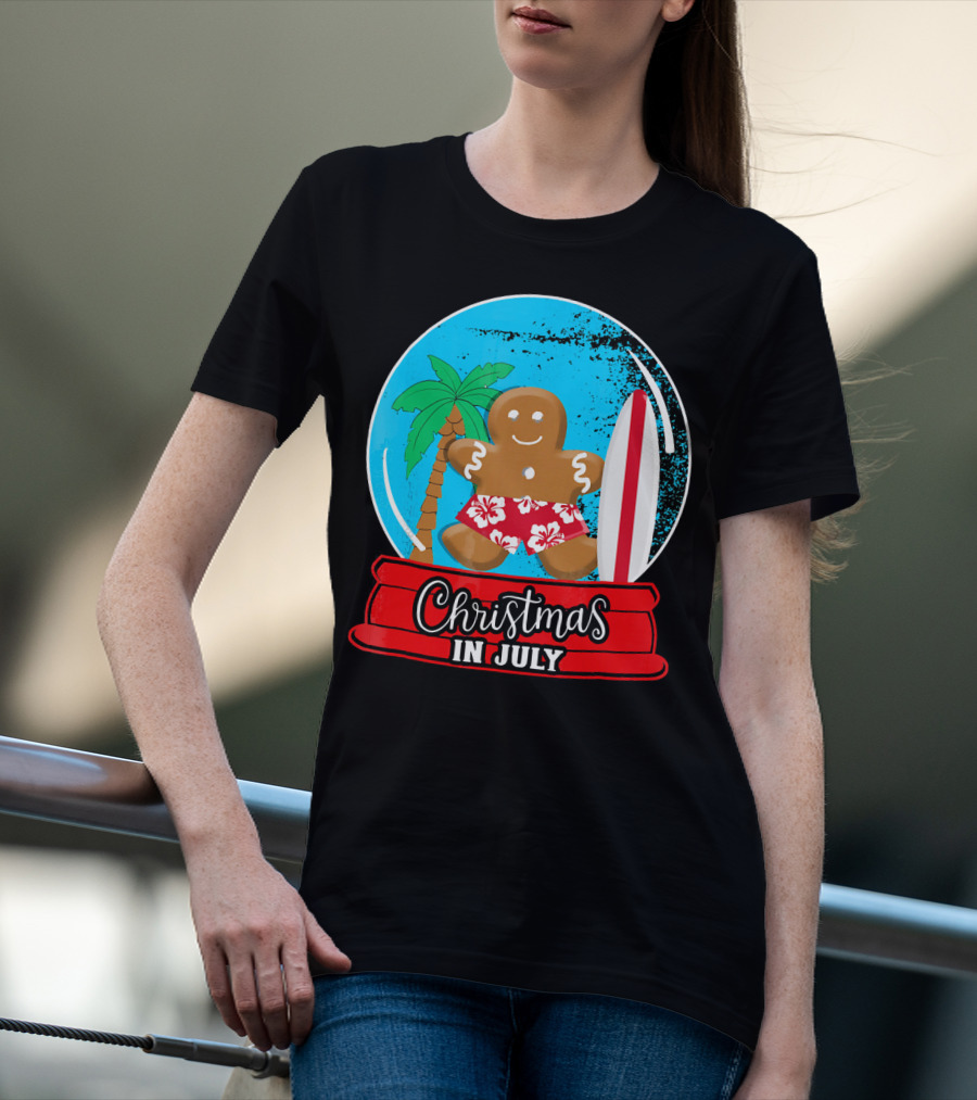 Christmas In July Surfing Gingerbread Snow Globe T-Shirt
