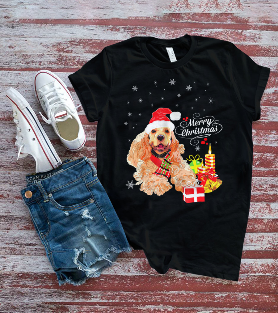Cocker Spaniel Merry Christmas Santa Hat Candles Gifts Snowflakes T-Shirt