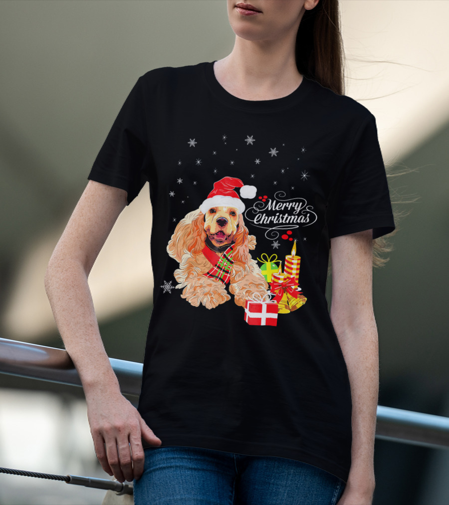 Cocker Spaniel Merry Christmas Santa Hat Candles Gifts Snowflakes T-Shirt
