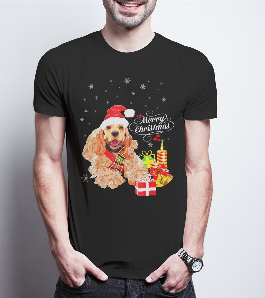 Cocker Spaniel Merry Christmas Santa Hat Candles Gifts Snowflakes T-Shirt