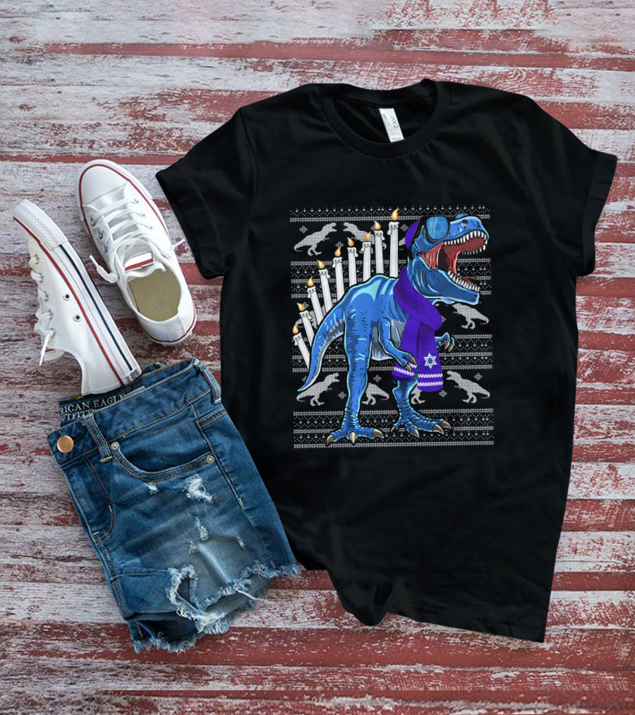 Menorasaurus Rex Dinosaur Wearing Blue Scarf And Sunglasses With Candles And Dinosaur T-Shirt