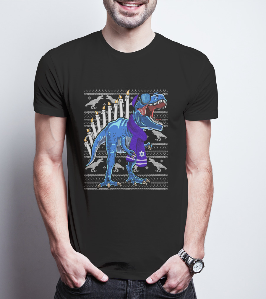 Menorasaurus Rex Dinosaur Wearing Blue Scarf And Sunglasses With Candles And Dinosaur T-Shirt