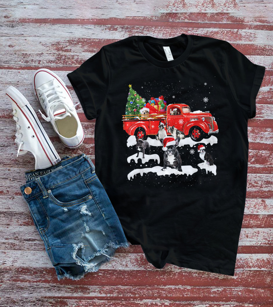 French Bulldog Christmas Red Truck With Santa Hats And Gifts T-Shirt