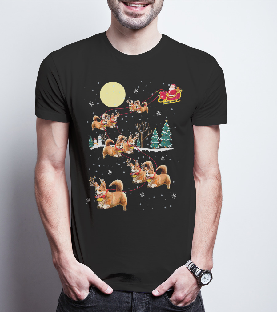 Christmas Corgi Santa Sleigh Cute Holiday Pajamas T-Shirt