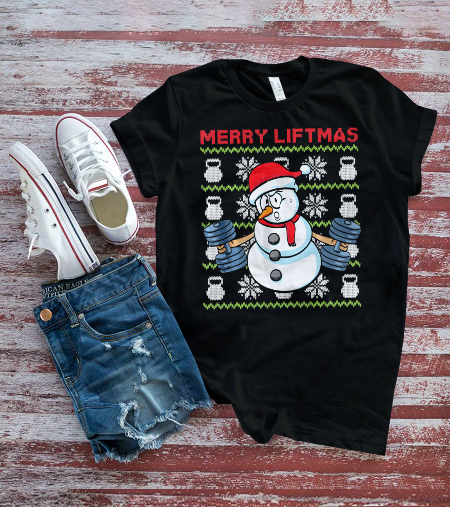 Merry Liftmas Fitness Snowman Xmas Weightlifting Kettlebells T-Shirt